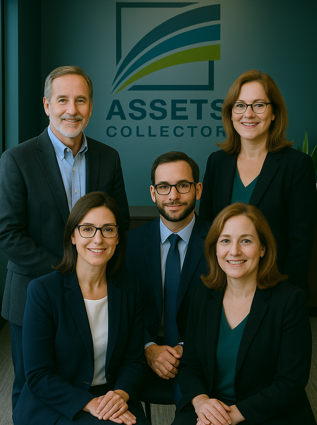 AssetsCollector core team seated together in front of the company logo